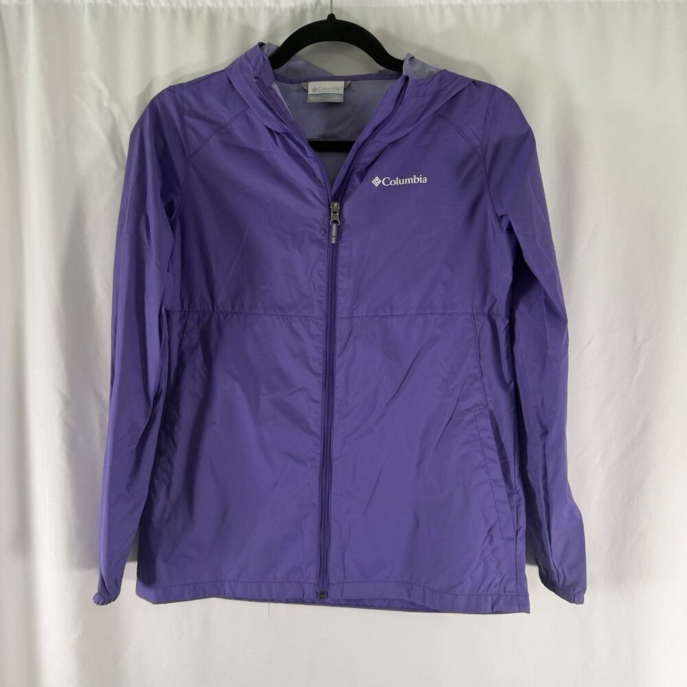 Columbia Windbreaker Girls Large Purple Full Zip Hooded Pockets Lightweight